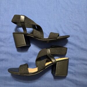 Unisa Block‎ Heel Sandals Womens 9 Black Good Elastic Strappy Open Toe Shoes